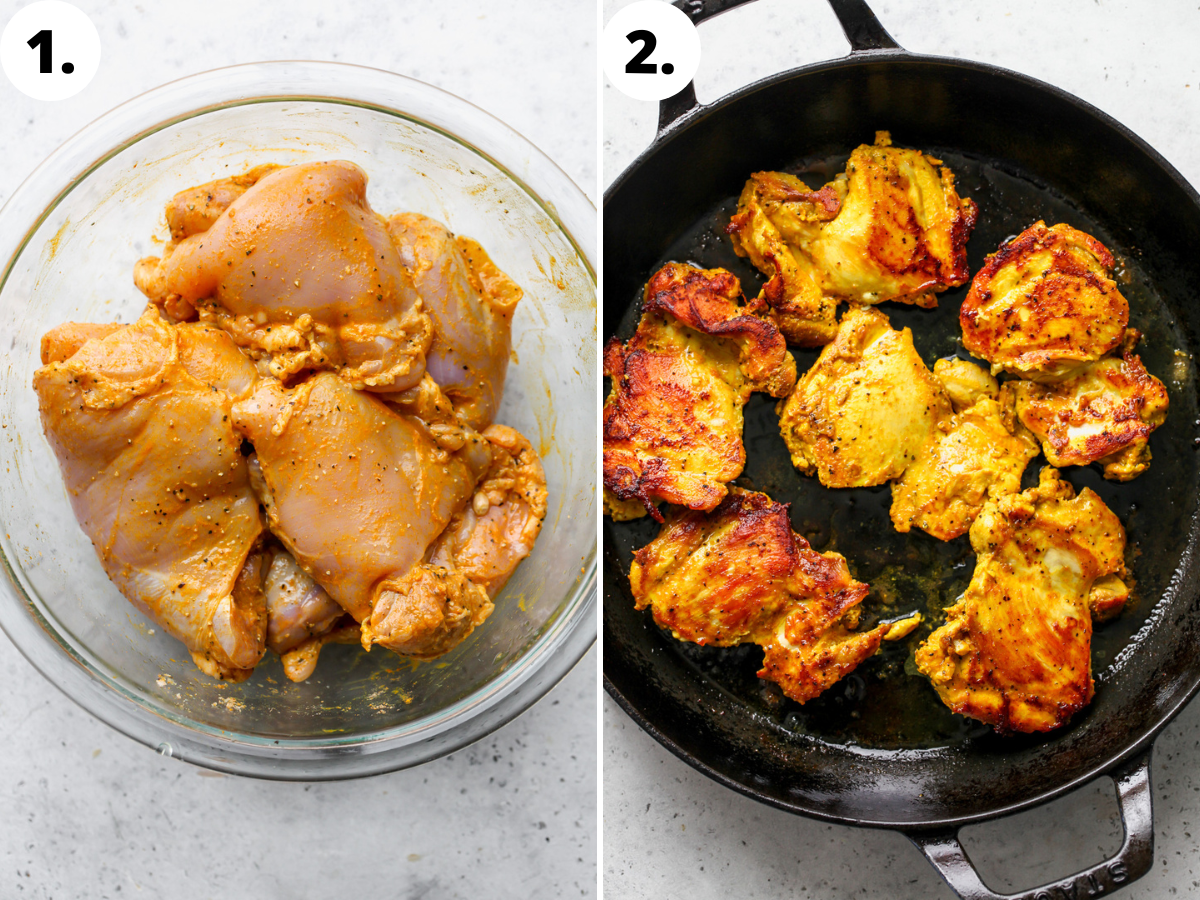 Chicken thighs being marinated in turmeric mixture and seared in a cast iron skillet.