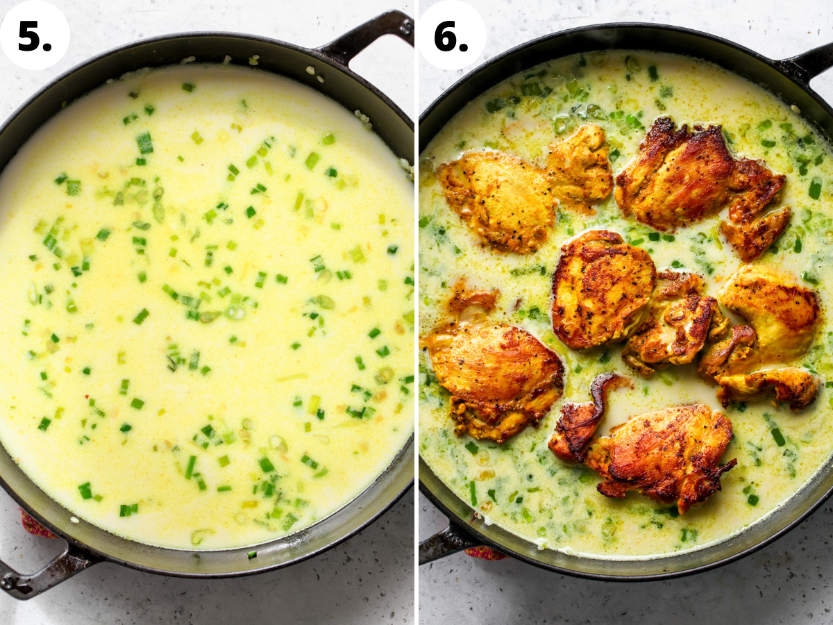 Coconut milk, broth, and cooked chicken being added back to skillet before baking.