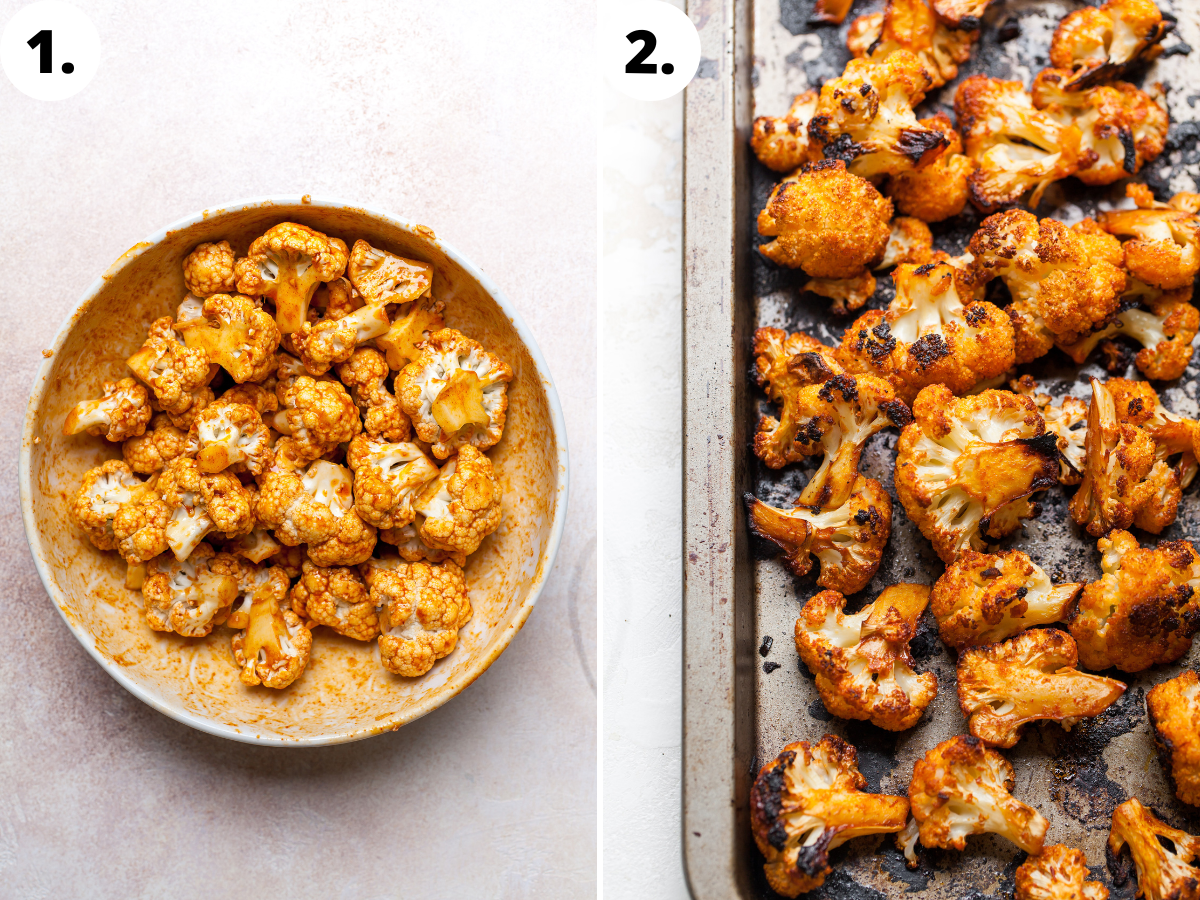 Cauliflower florets being tossed in chipotle mixture and roasted until crisp on a rimmed baking sheet.