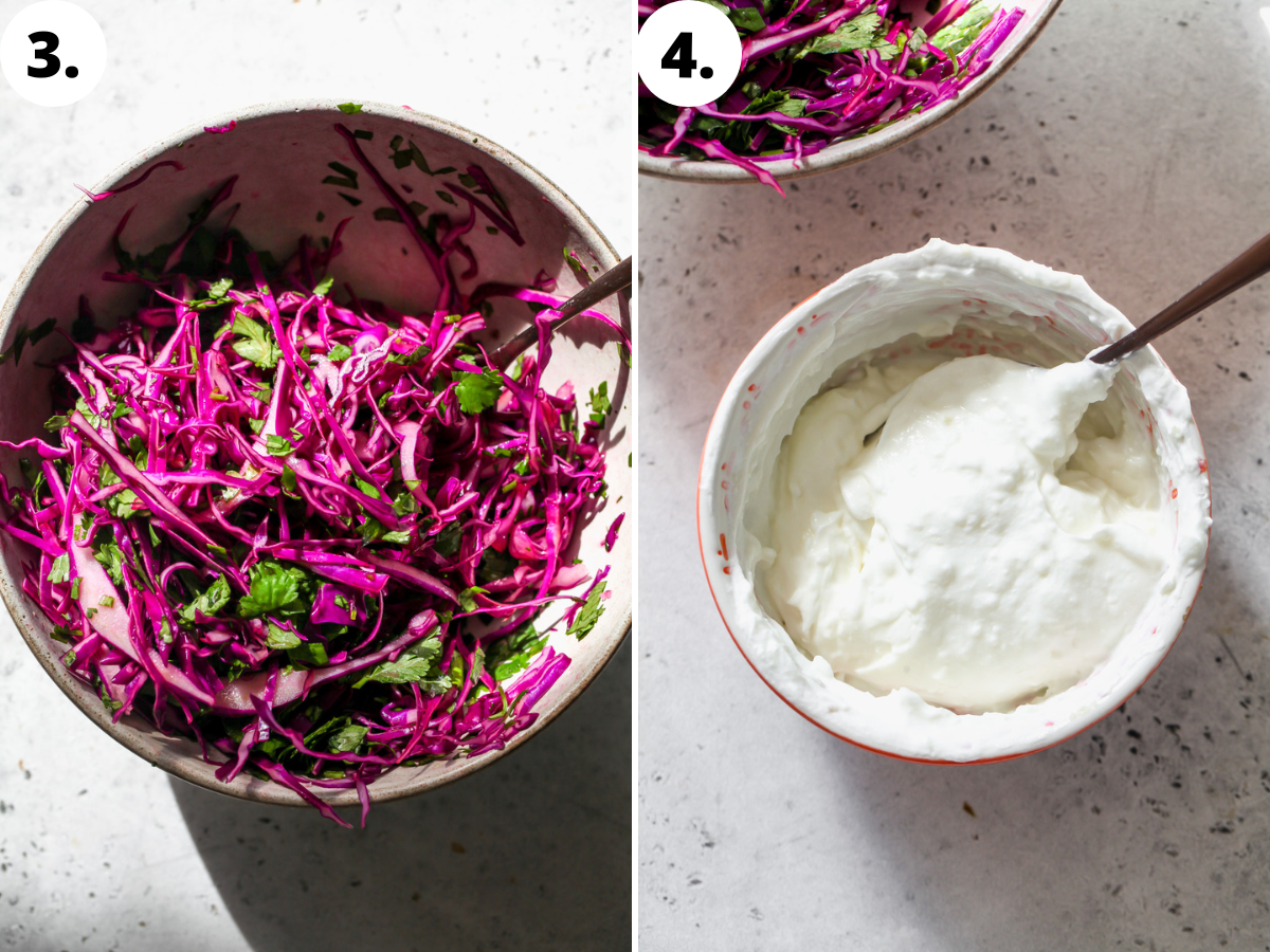 Cabbage-cilantro slaw being mixed in a bowl, and garlic aioli after mixing in a separate bowl.