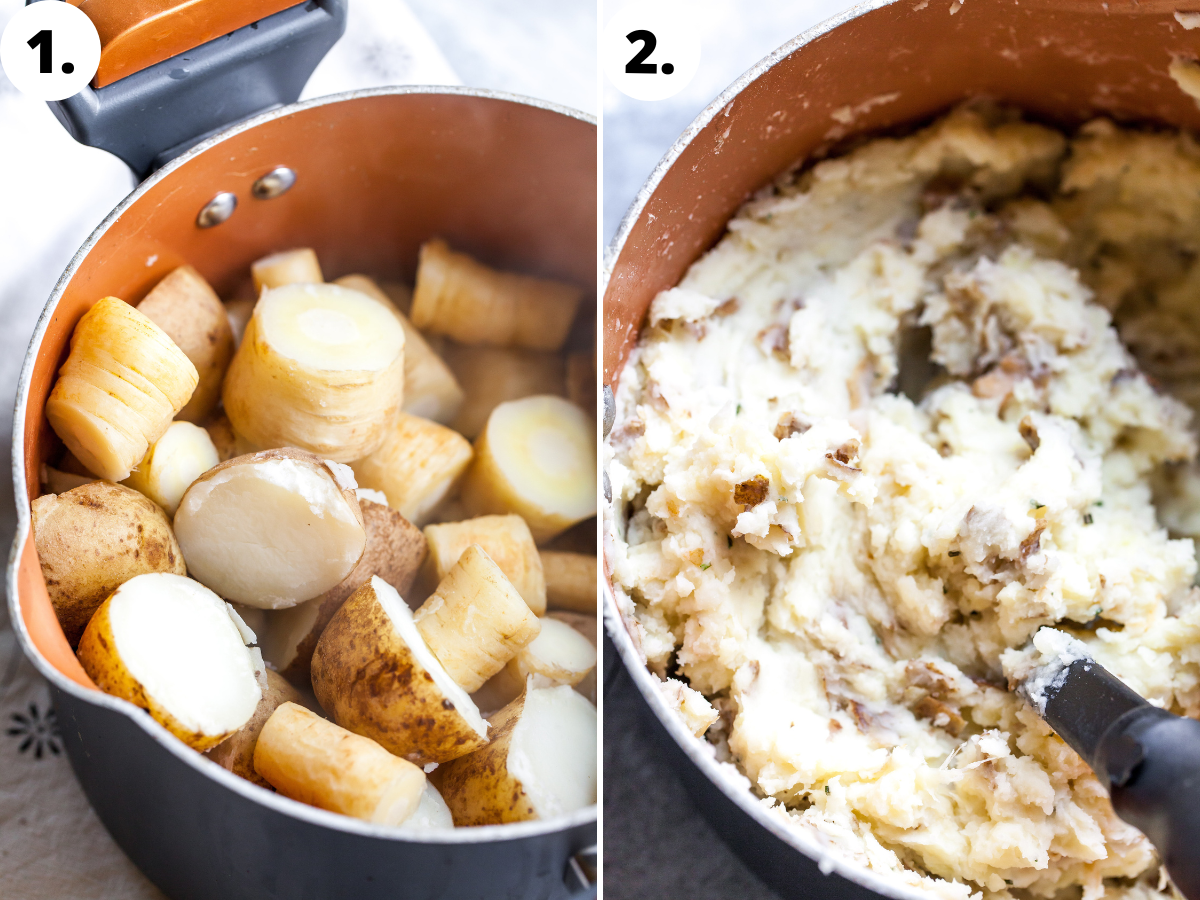 Potatoes and parsnips being boiled and mashed in a large pot.