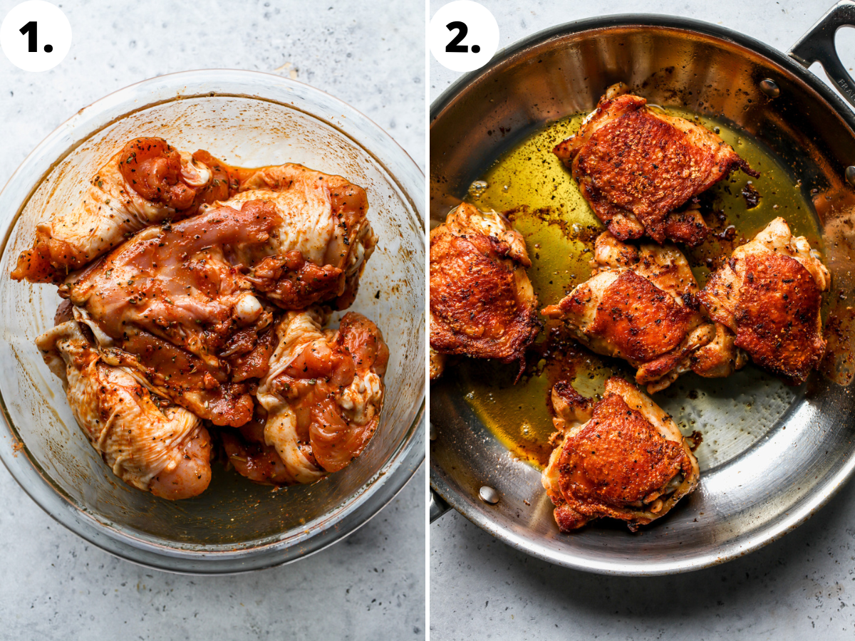 Chicken thighs being seasoned in a bowl, and sautéed in pan.
