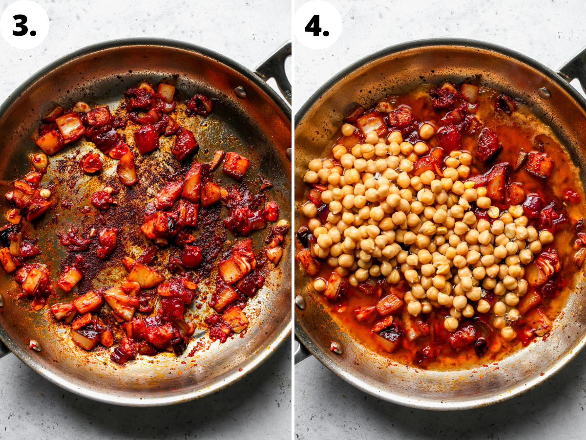 Onion, tomato paste, and garlic being simmered in a pan, and can of chickpeas being poured in.