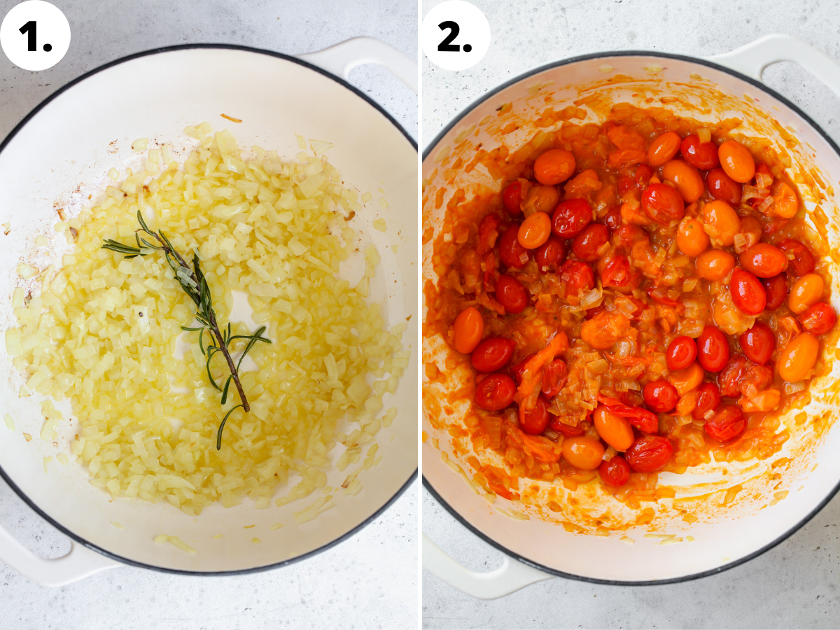 Onion being sauteed in a Dutch oven, and tomatoes being stewed until broken down.