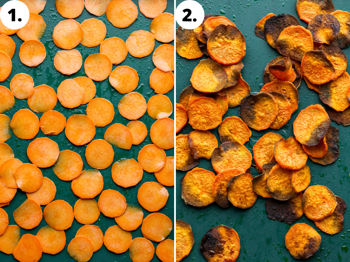 Sweet potato slices arranged on a green baking sheet before and after roasting.