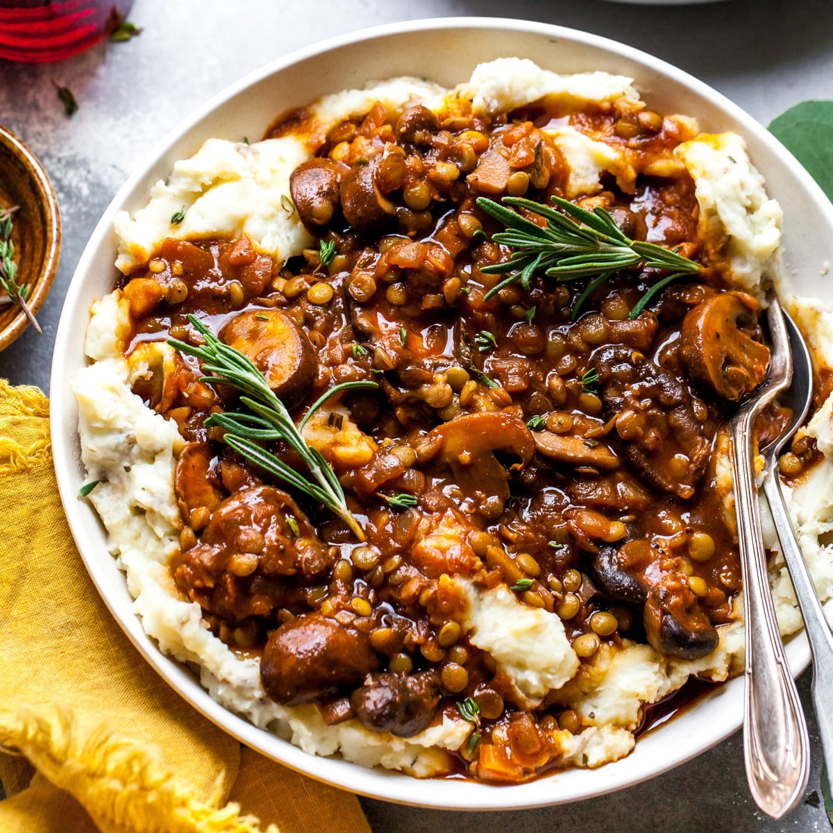 Lentil and Mushroom Stew over Potato-Parsnip Mash