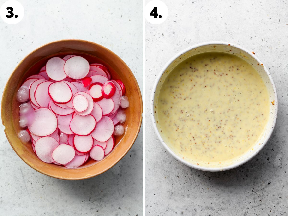 Sliced radishes being added to a gold bowl of ice water, and honey mustard dressing being mixed in a white bowl.