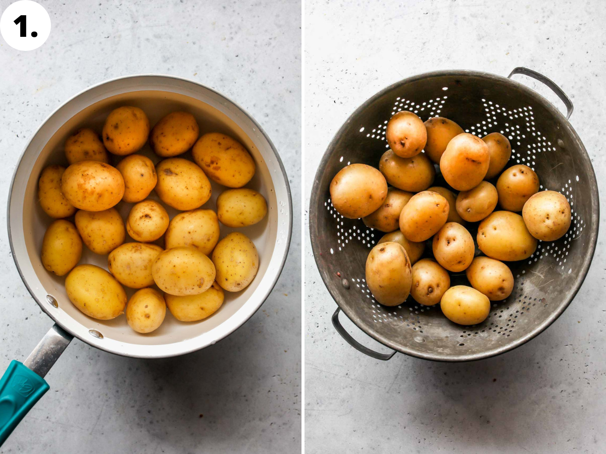 Baby potatoes being boiled and drained.