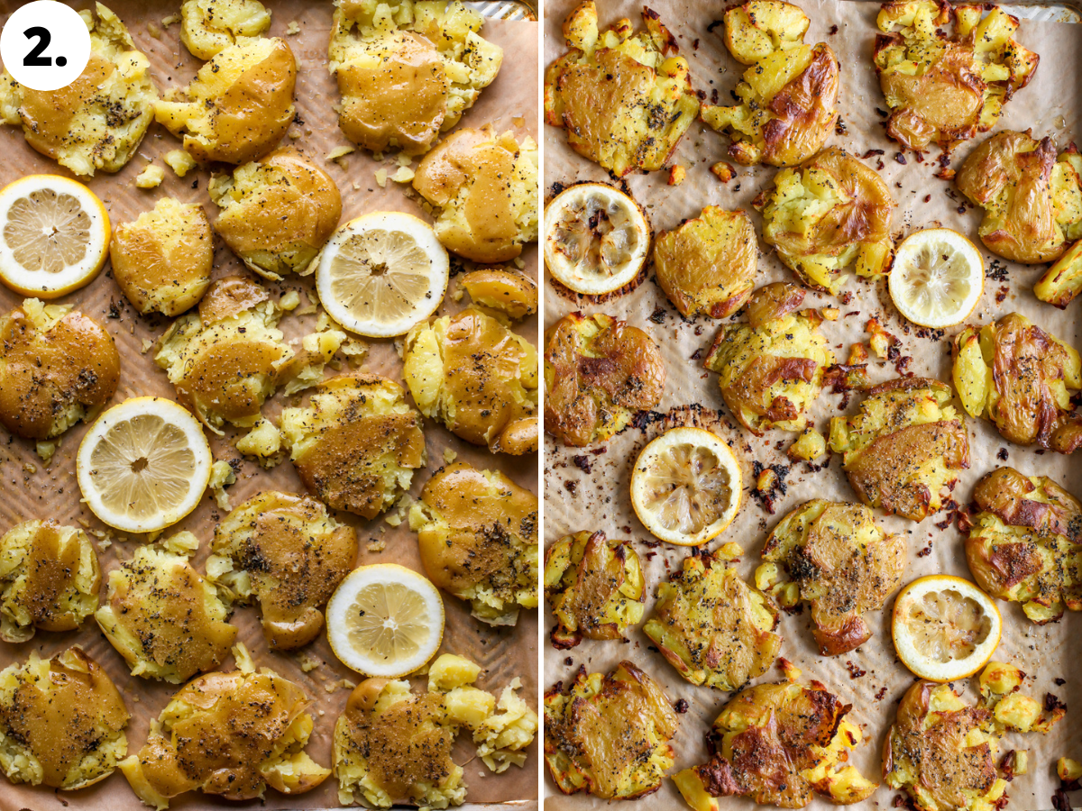 Potatoes and lemon slices being arranged on a baking sheet, potatoes being smashed and seasoned.