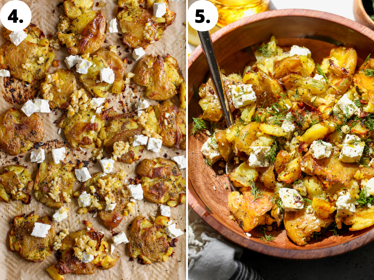 Lemon dressing and feta being tossed with smashed potatoes.