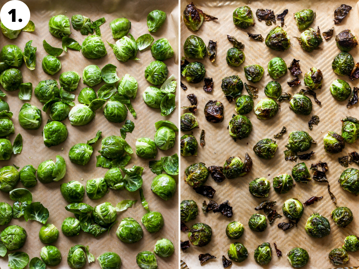 Halved Brussels sprouts being roasted until crispy on a rimmed baking sheet.
