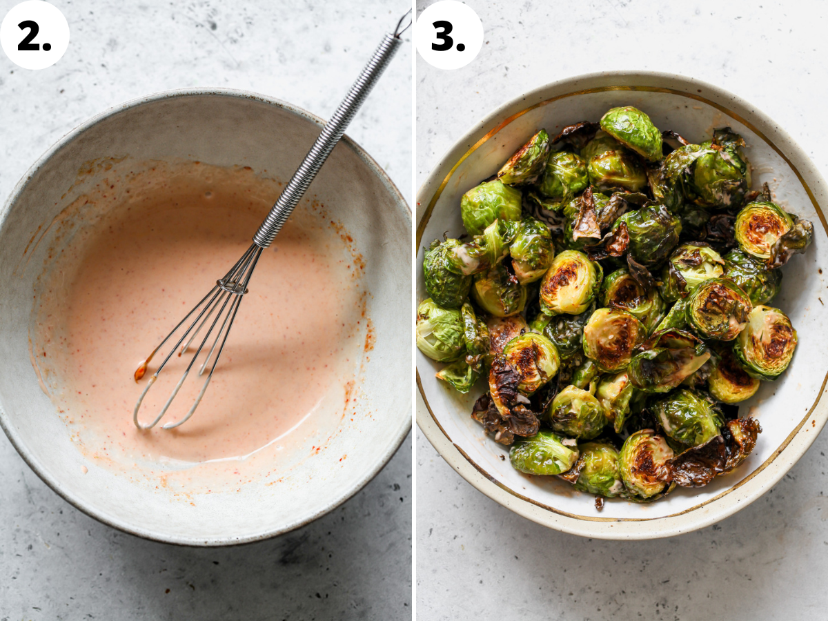 Sriracha sauce being mixed in a white bowl, and poured over sprouts in a large serving bowl.