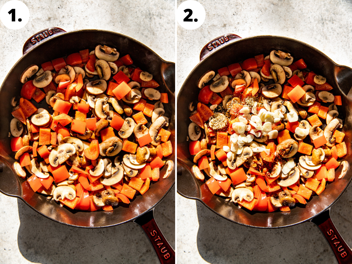 Veggies, garlic, and spices sautéing in a cast iron skillet.