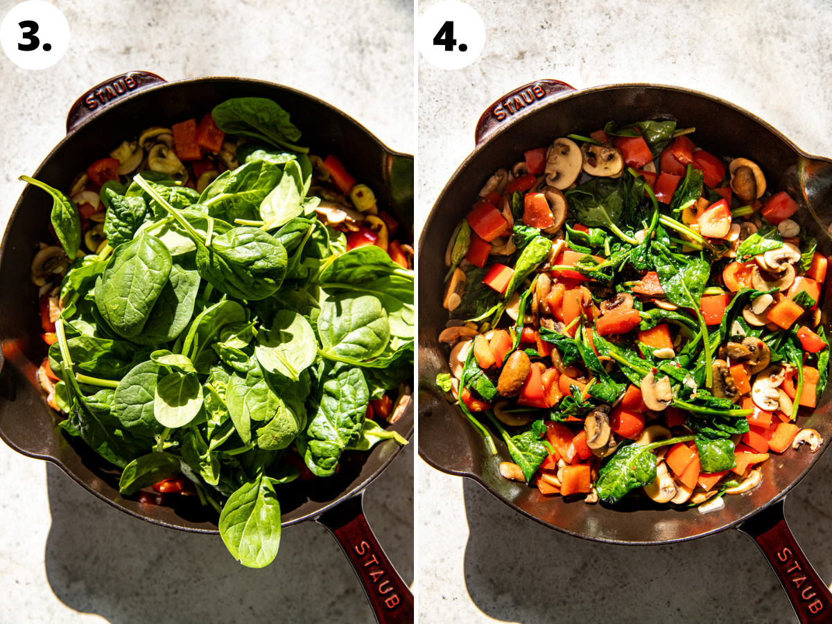Spinach being added to pan with veggies, and sautéed until wilted.