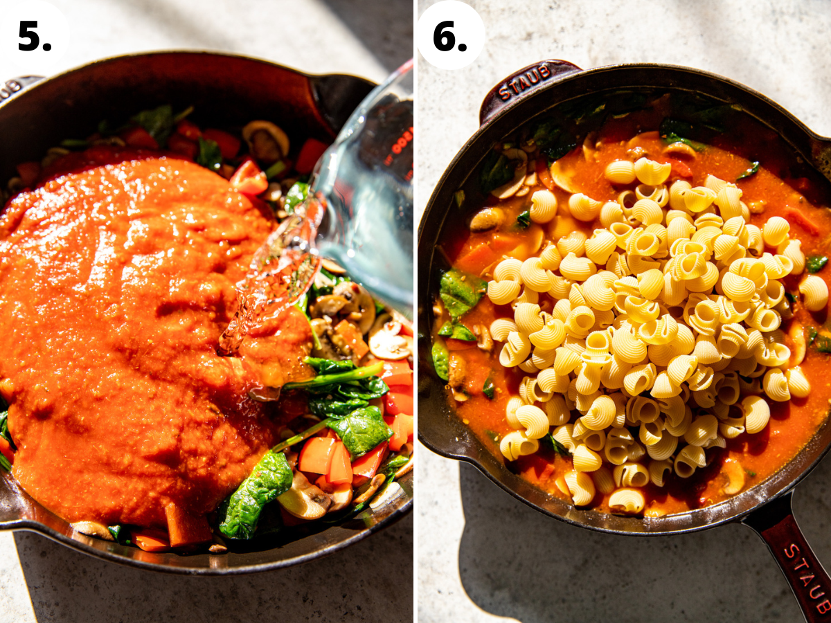 Dry pasta, marinara sauce, and water being added to pan.