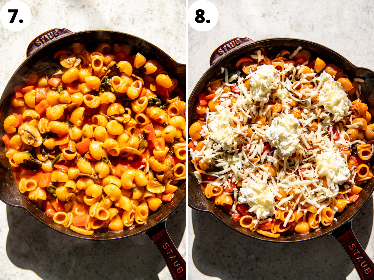 Ricotta and mozzarella being added to pan of cooked veggie pasta.