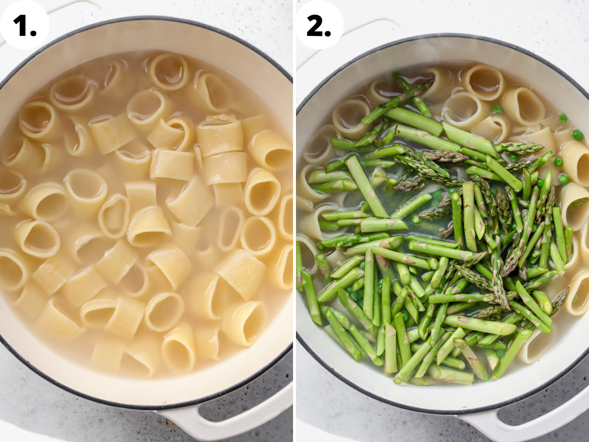 Pasta being boiled in a large white pot, and asparagus and peas being added during the final minute.