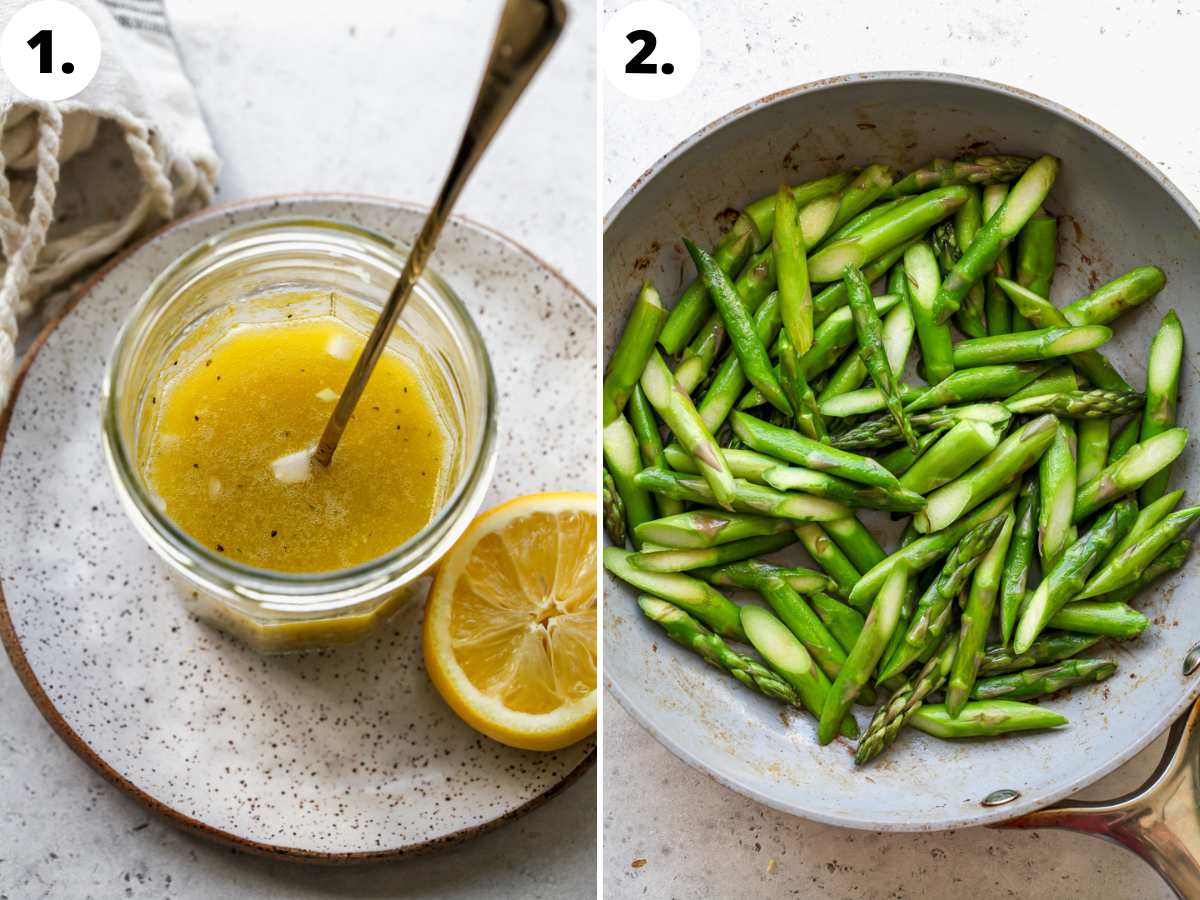 Lemon shallot dressing being mixed in a jar, and asparagus being cooked in a skillet.