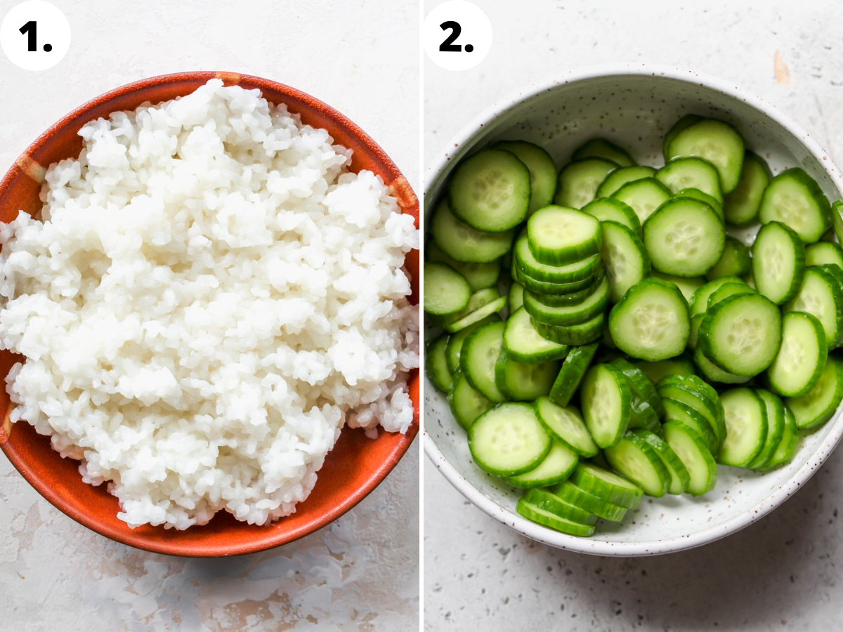 Sushi rice being cooked, and cucumbers being pickled in a vinegar mixture in a white bowl.