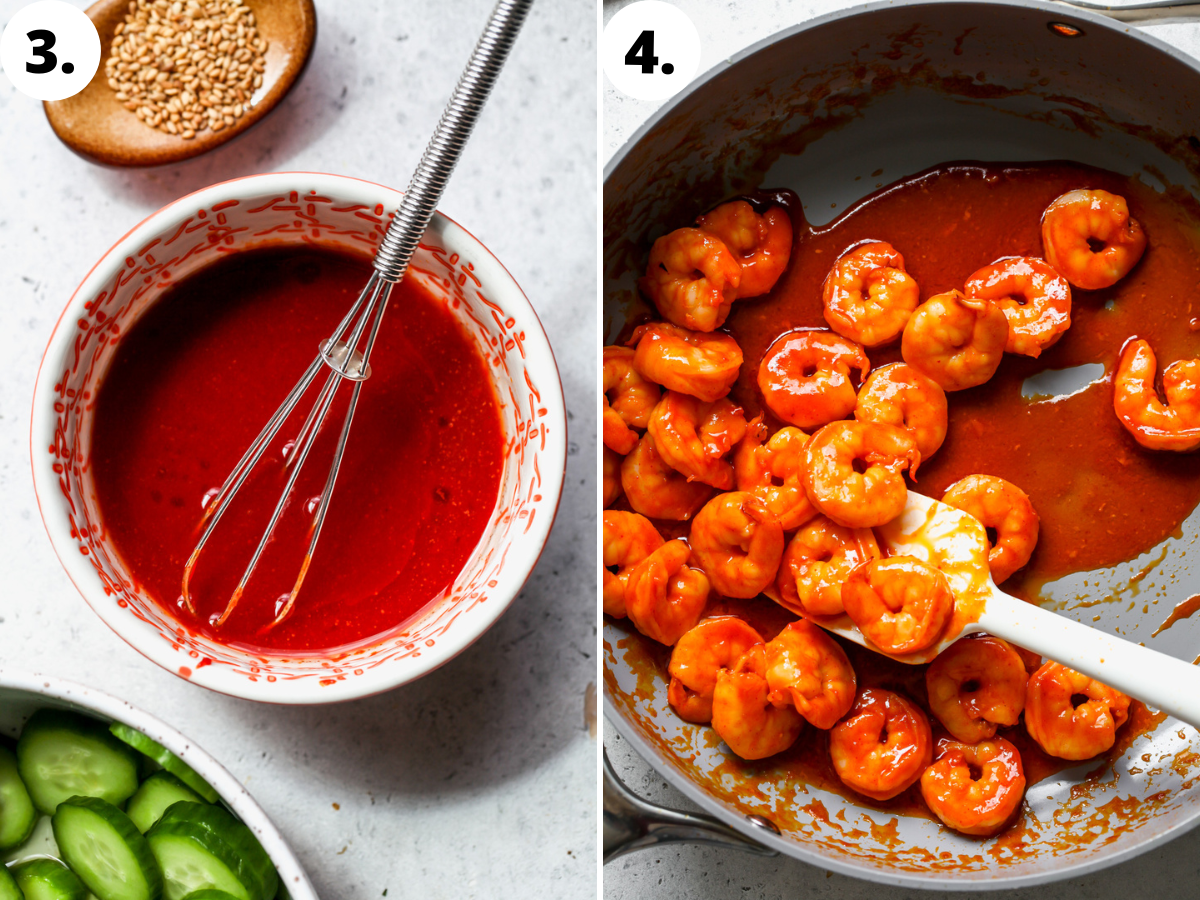 Gochujang sauce being mixed in a white and pink bowl, and poured over shrimp being sautéed in a skillet.
