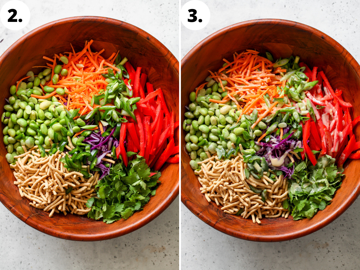 All salad ingredients being combined in a wooden bowl, and orange-sesame miso dressing being poured overtop.