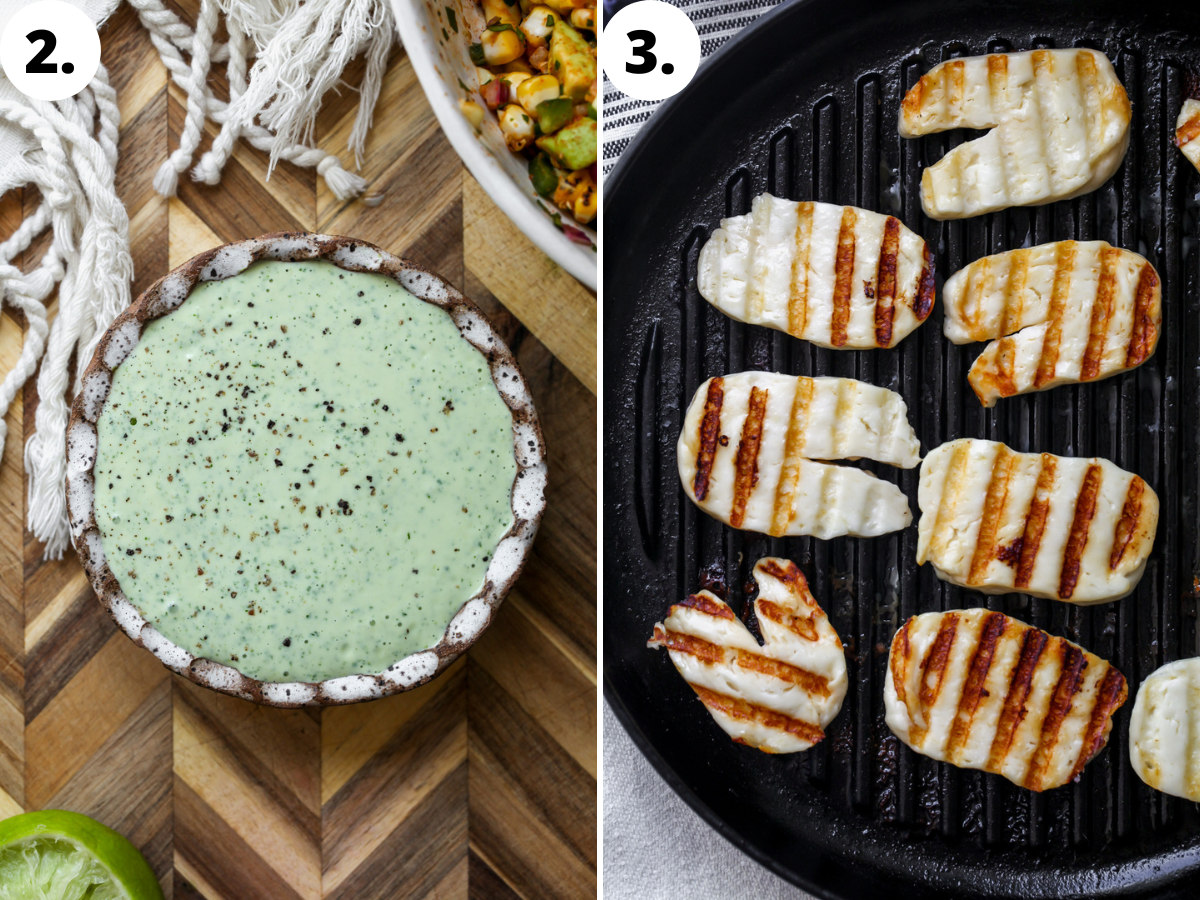 Cilantro sauce poured into a small scalloped white bowl, and chunks of halloumi cheese being grilled on a grill pan.