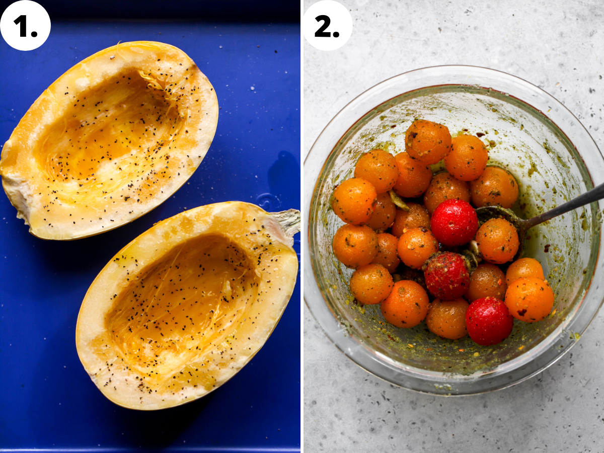 A spaghetti squash being sliced in half and coated in oil and salt and pepper, and tomatoes being mixed with pesto in a clear bowl.