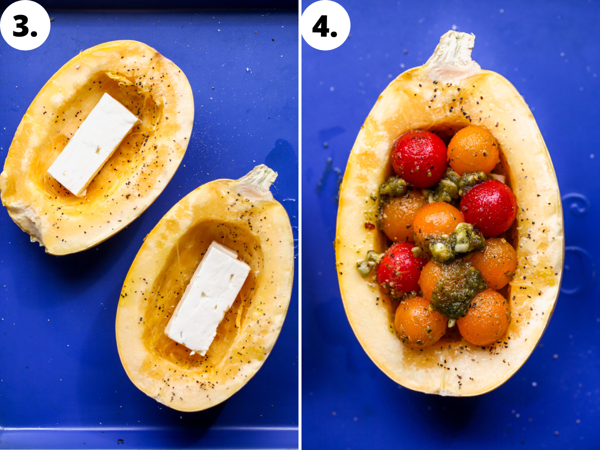 Wedges of feta cheese and a tomato-pesto mixture being added to squash boats.