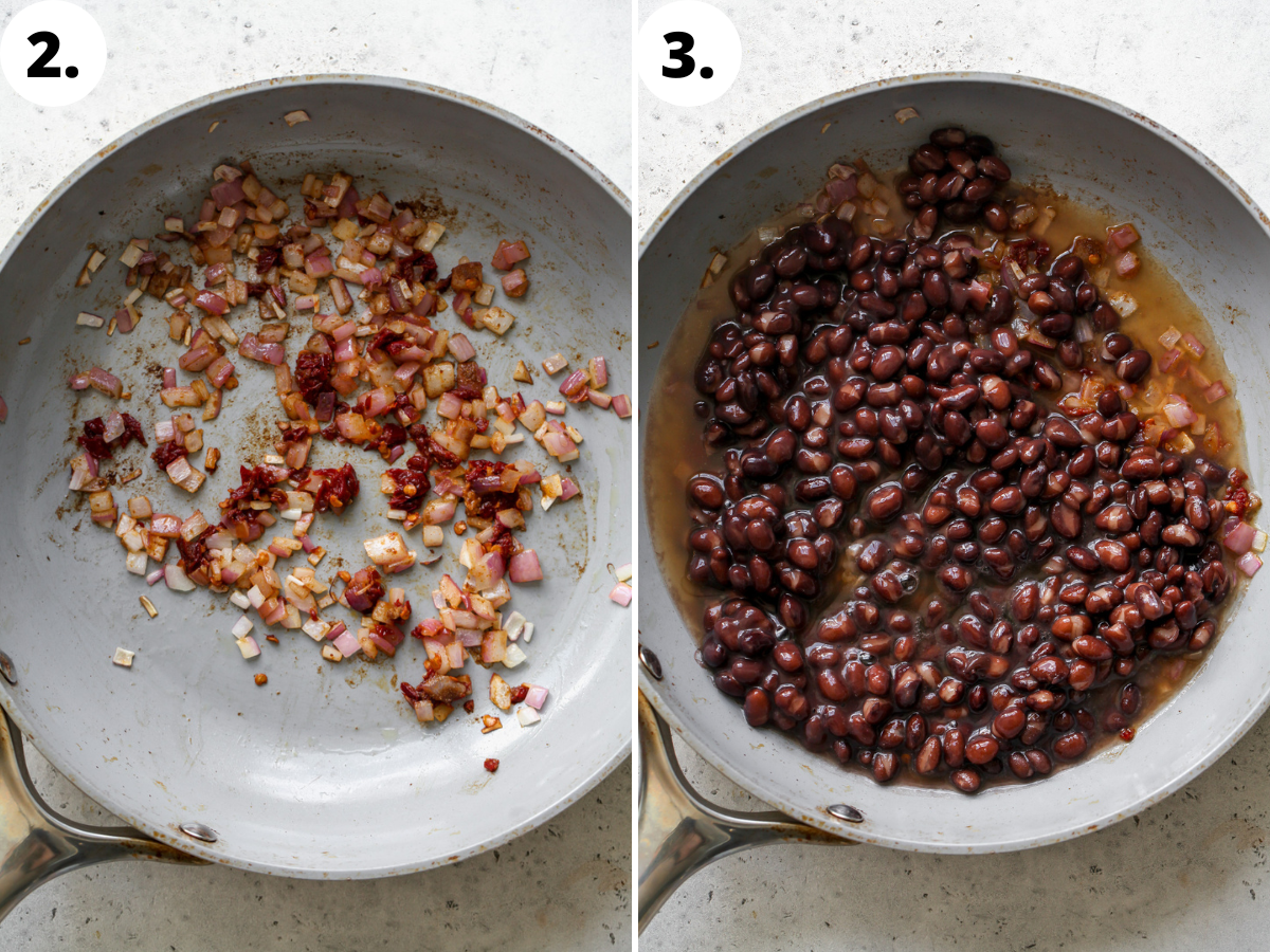 Onion, chiles, and spices being sautéed in a skillet, and black beans being poured in.