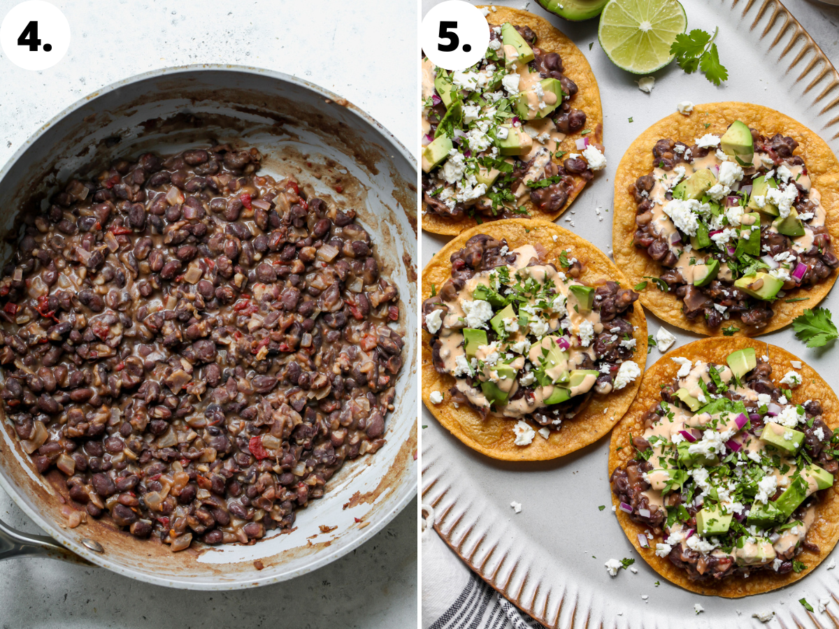 Mashed black beans in a skillet, and being assembled on tostada shells on a platter.