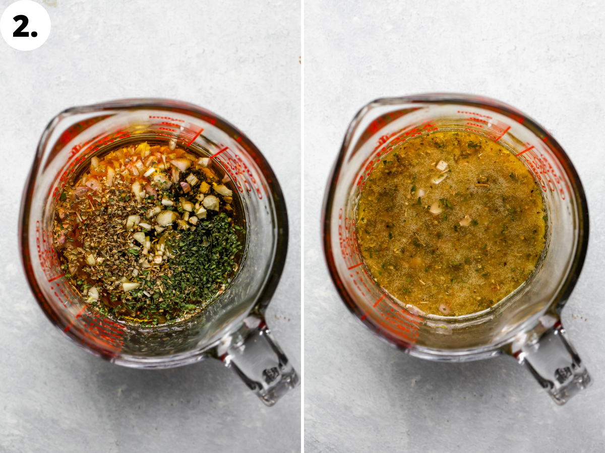 Italian dressing being whisked in a clear liquid measuring cup.