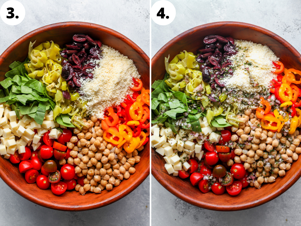 Pasta salad ingredients being added to a large wooden bowl, and dressing being poured overtop.
