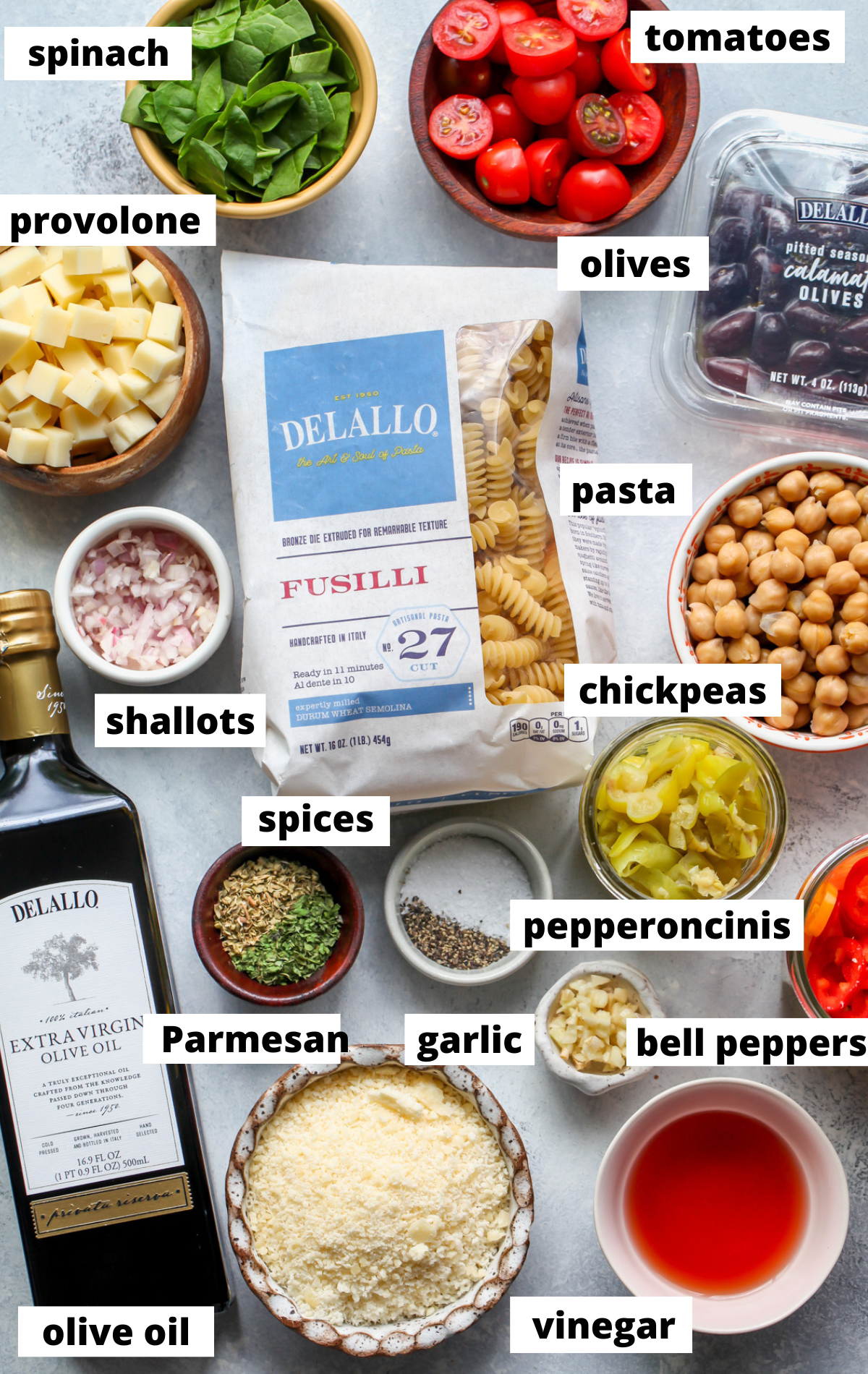 Recipe ingredients arranged in separate bowls on a wooden board.