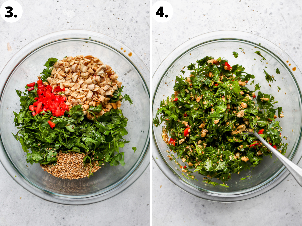 Cilantro, peanuts, oil, soy sauce, seeds, lime, and chile being mixed in a large glass bowl.