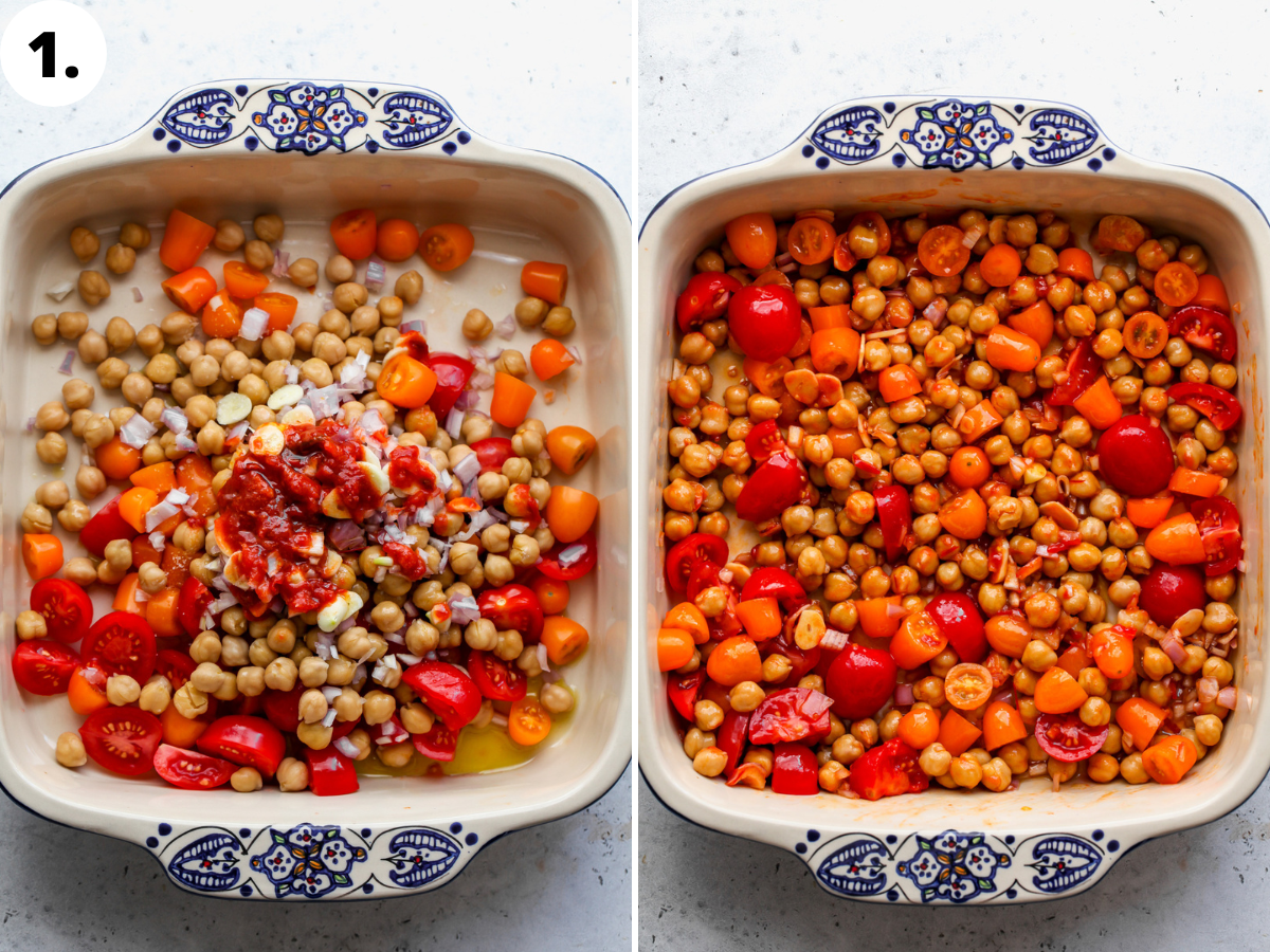 Tomatoes, chickpeas, harissa, shallots, garlic, and olive oil being mixed in a baking dish.