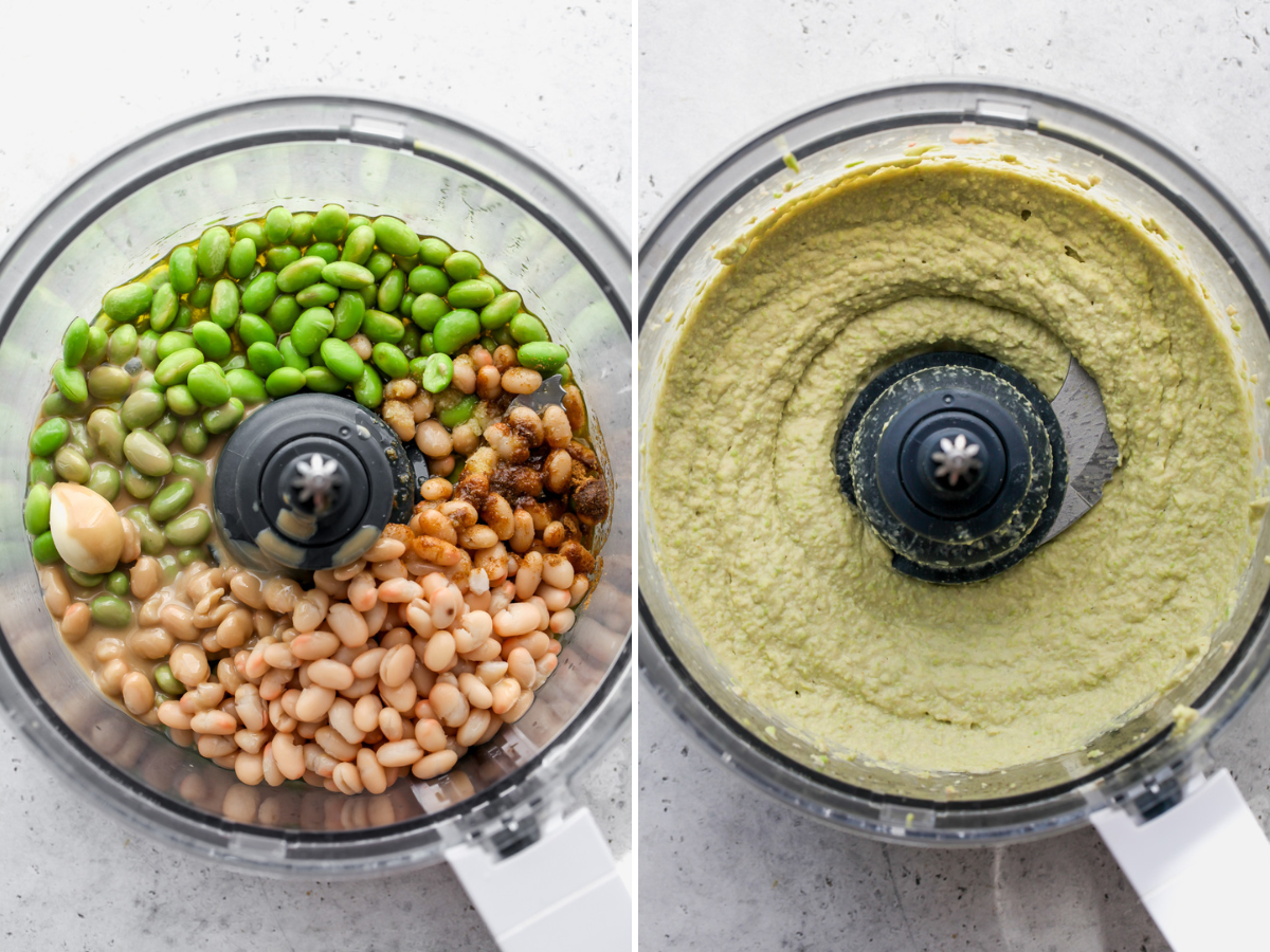 Edamame, white beans, garlic, spices, and olive oil being blended until smooth in a food processor.