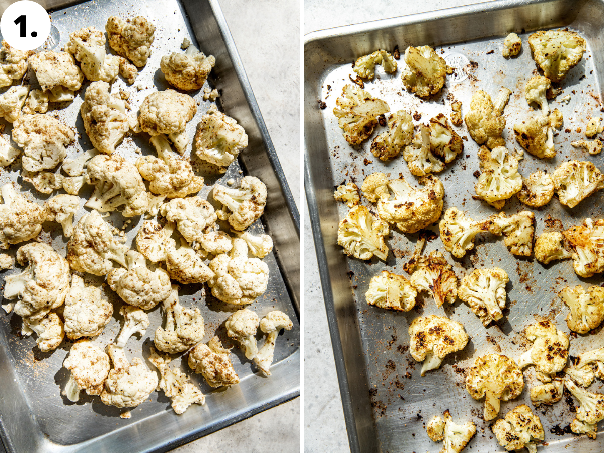 Cauliflower florets being roasted until caramelized on a sheet pan.