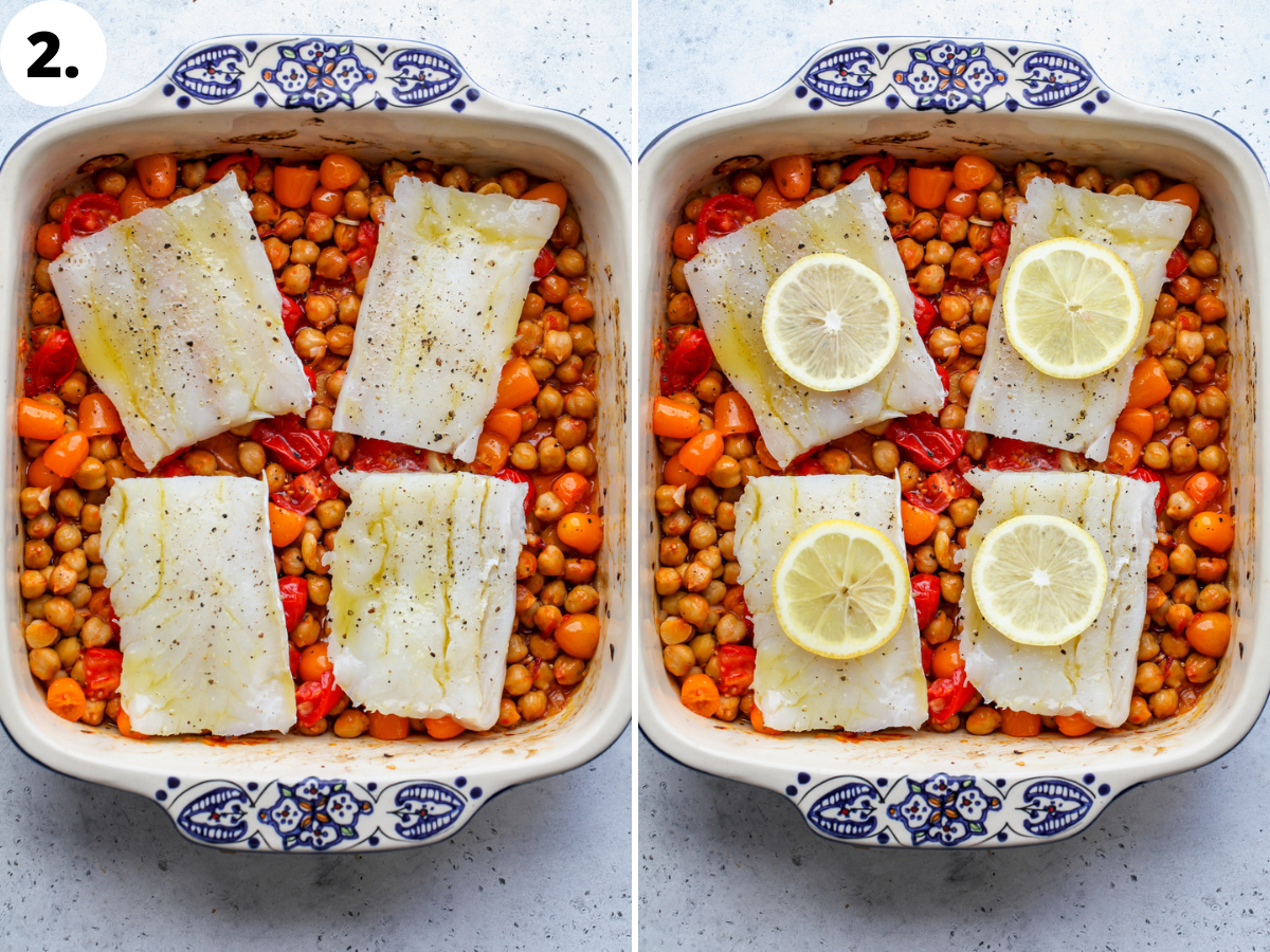Cod fillets being arranged over chickpea and tomato mixture and topped with lemon slices.
