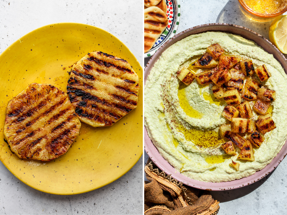 Grilled pineapple rings cooling on a yellow plate, and scattered over hummus in a bowl.