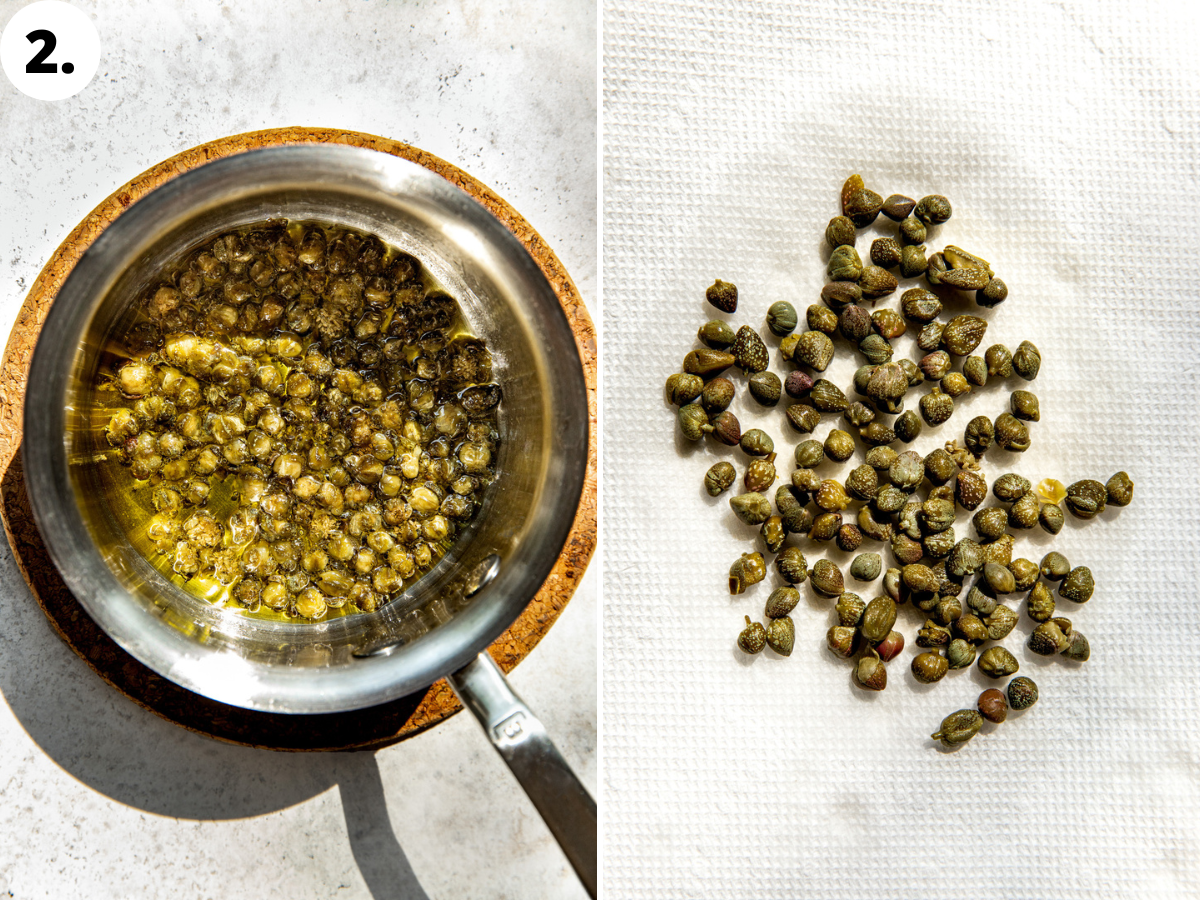 Capers being fried until crisp in a small pan, and poured out onto a paper towel.