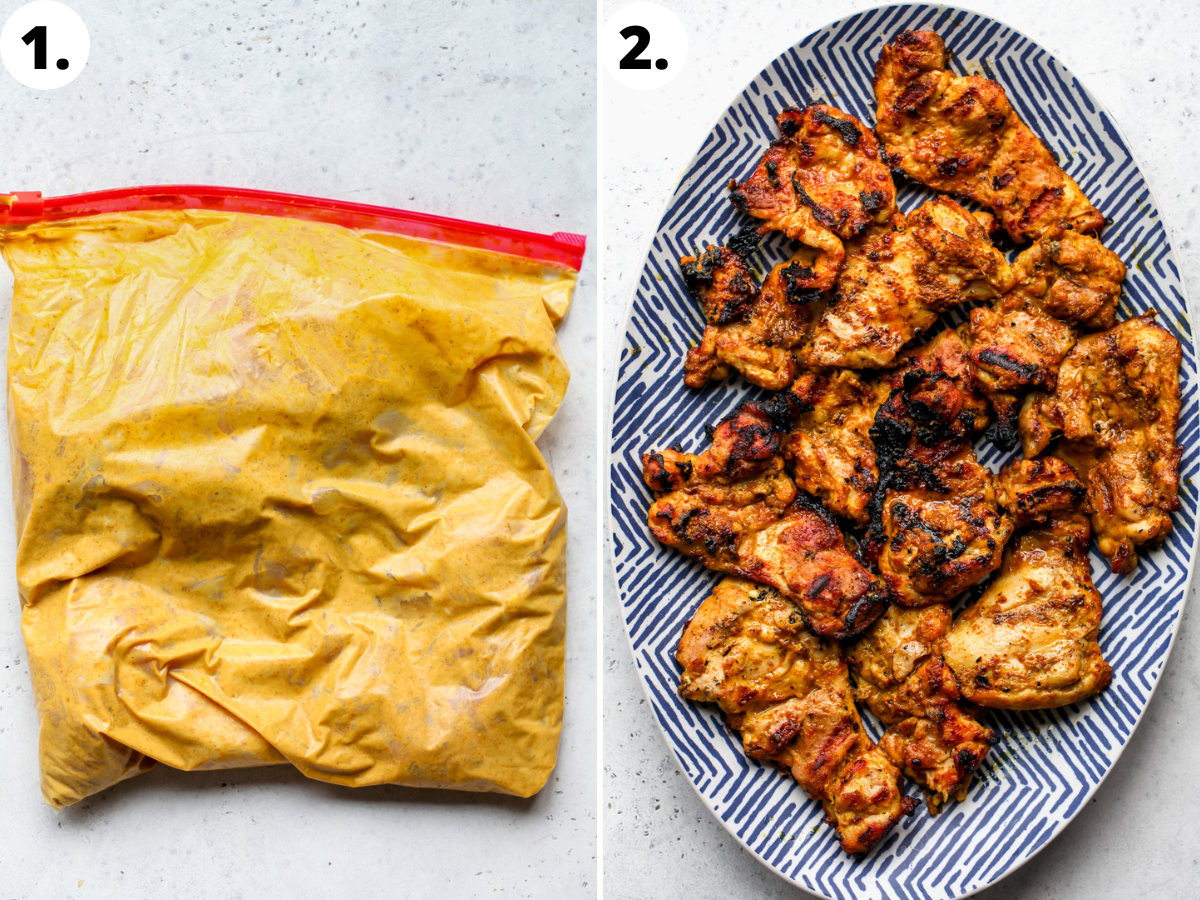 Chicken thighs being marinated in coconut milk and curry paste, and then grilled until nicely charred.