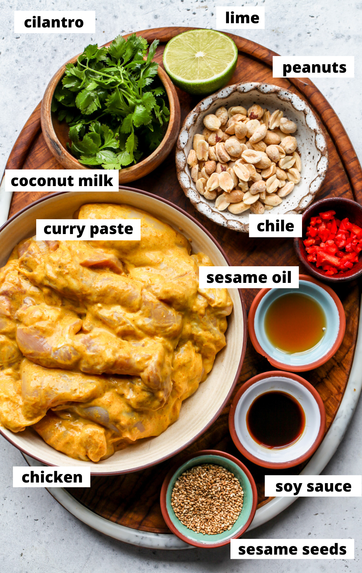 Recipe ingredients arranged on a platter in separate bowls with labels.