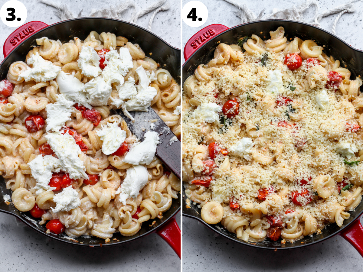 Mozzarella being mixed into pasta and panko being scattered overtop.