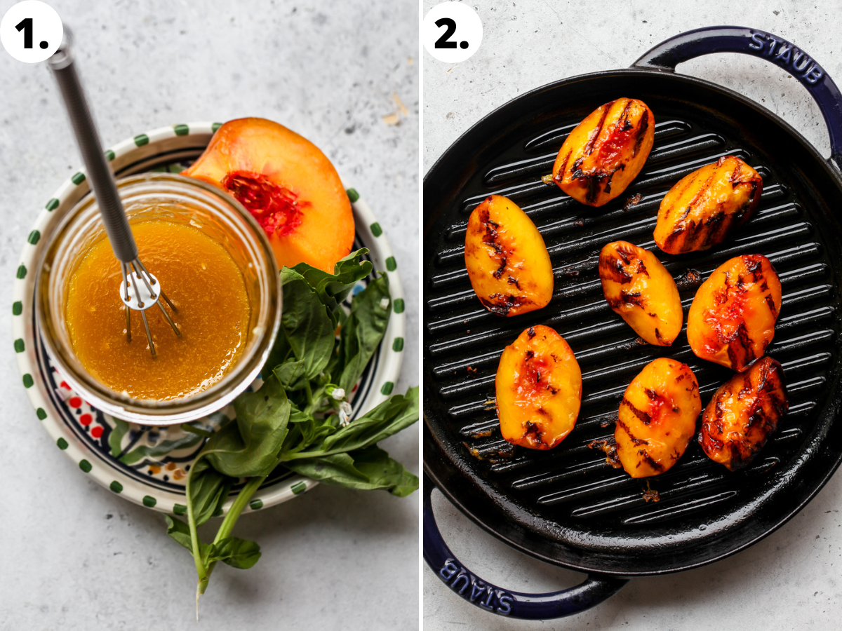 Hot honey dressing being mixed in a jar, and peach segments being grilled in a grill pan.