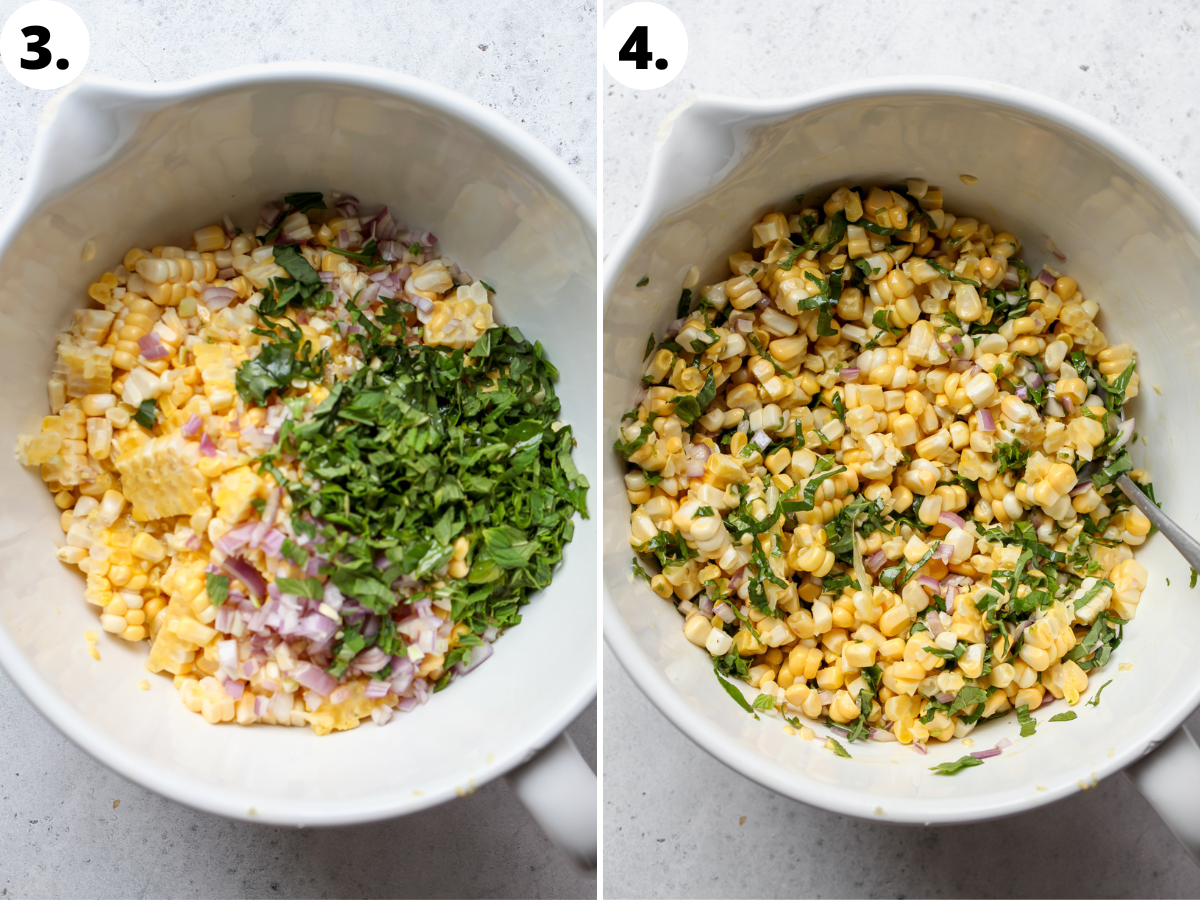 Corn, shallots, and herbs being mixed in a white mixing bowl.