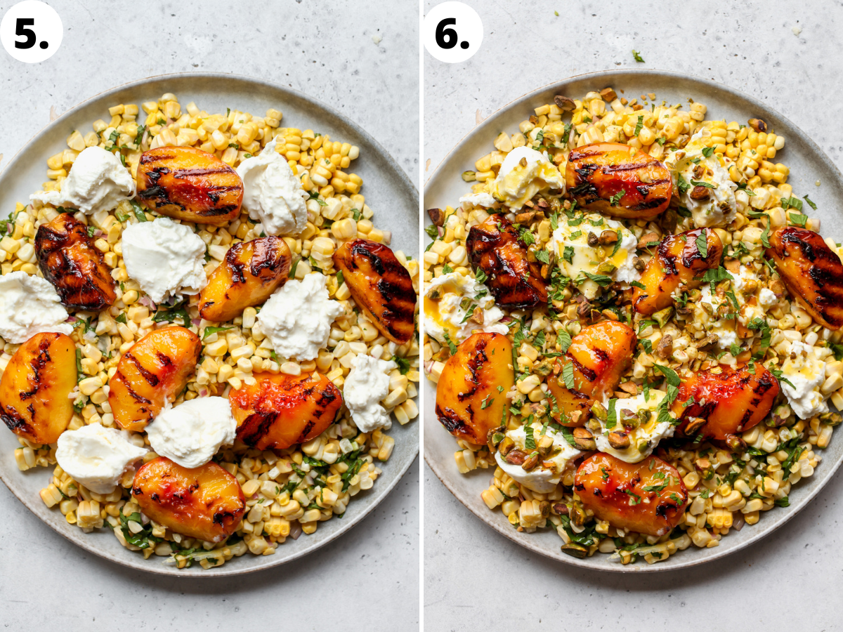Corn, peaches, and burrata being assembled on a platter, and dressing being drizzled overtop.