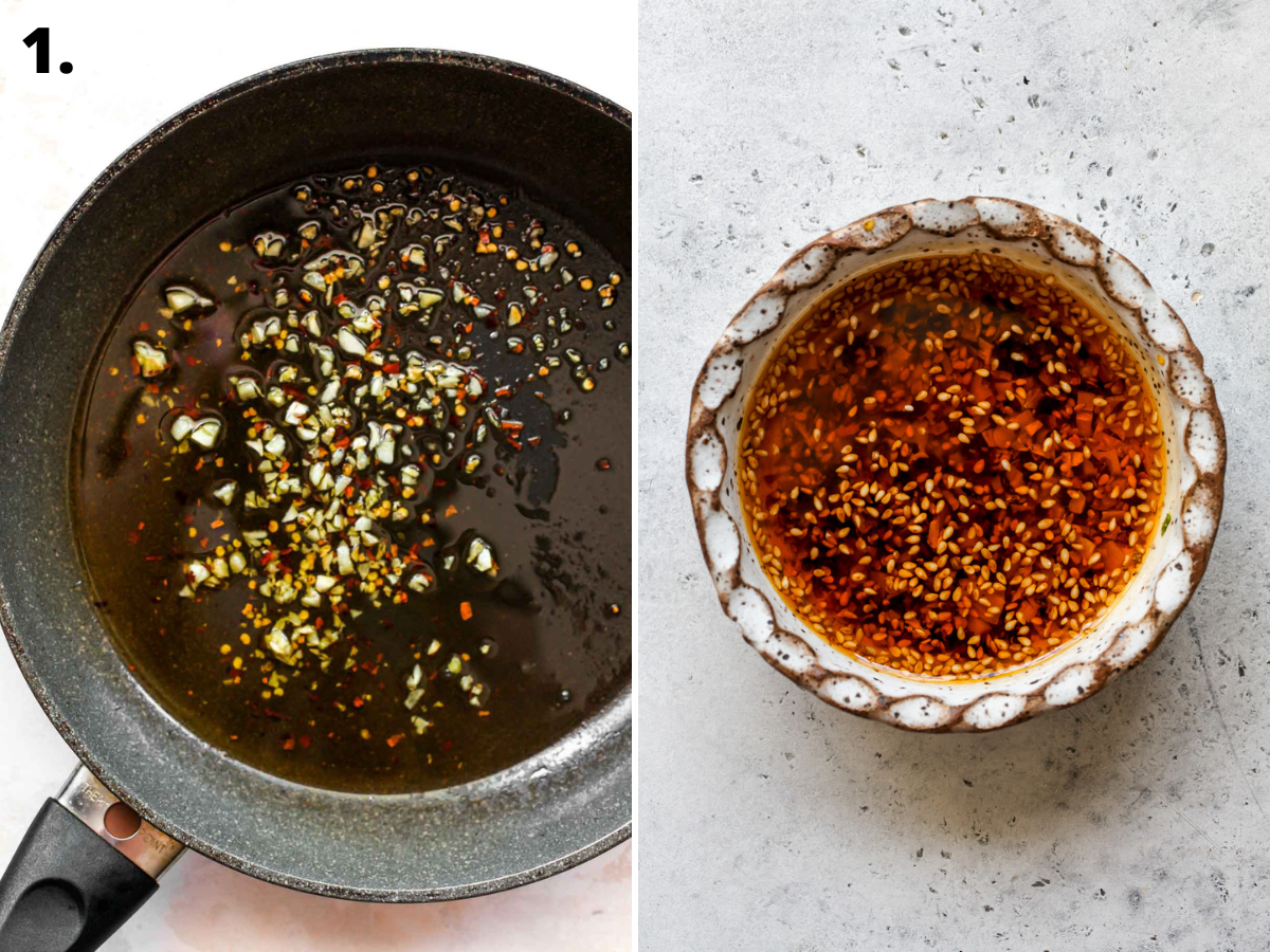 Chili oil being simmered in a skillet and poured into a small white bowl.