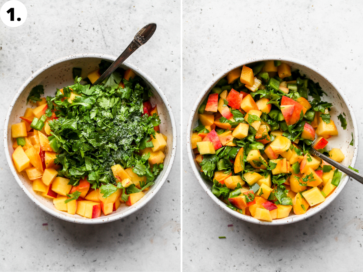 Jalapeño-peach salsa being mixed in a white bowl.