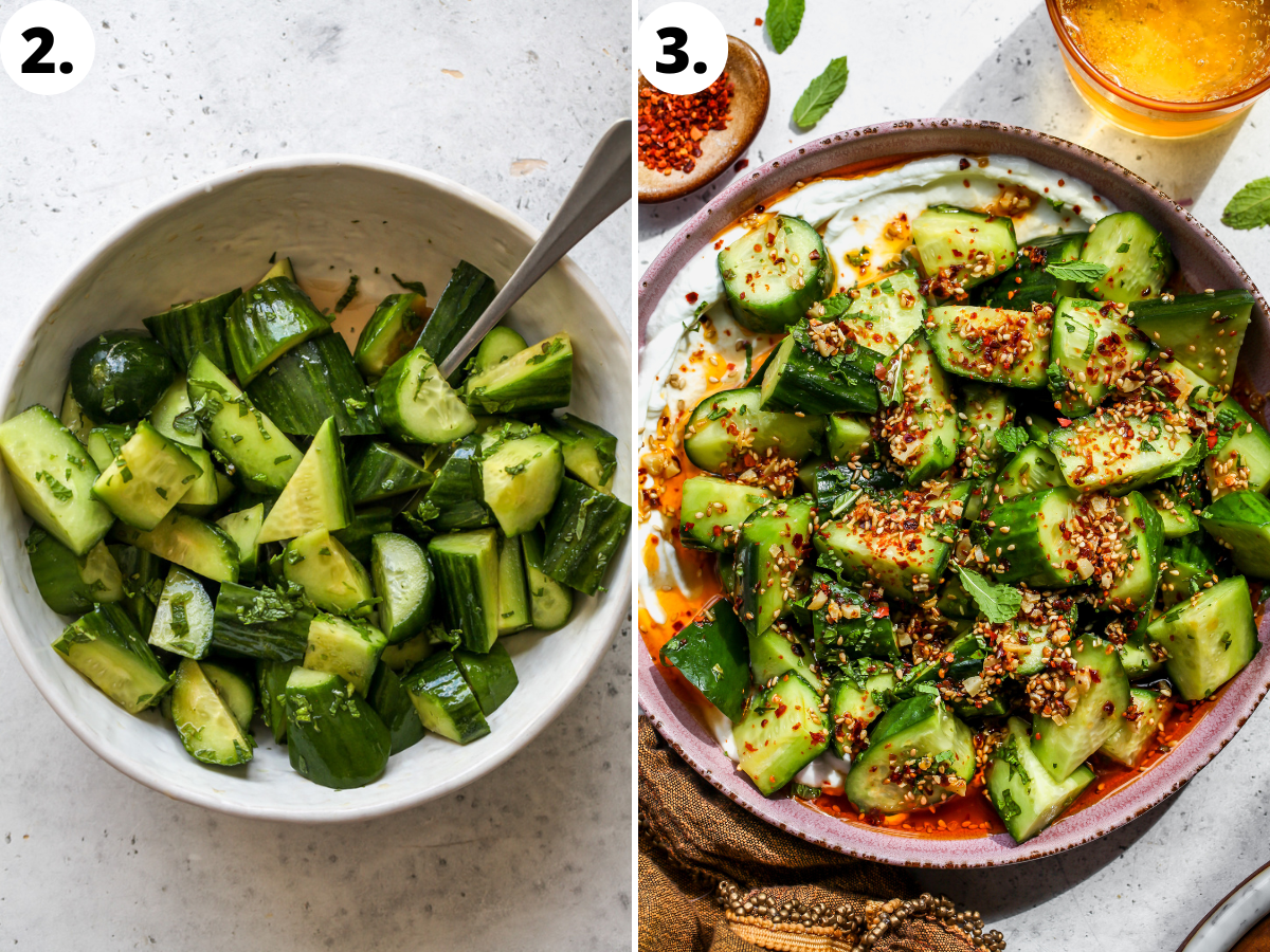 Cucumber chunks being mixed with vinegar, mint, sugar, soy sauce, and salt, and served over yogurt.