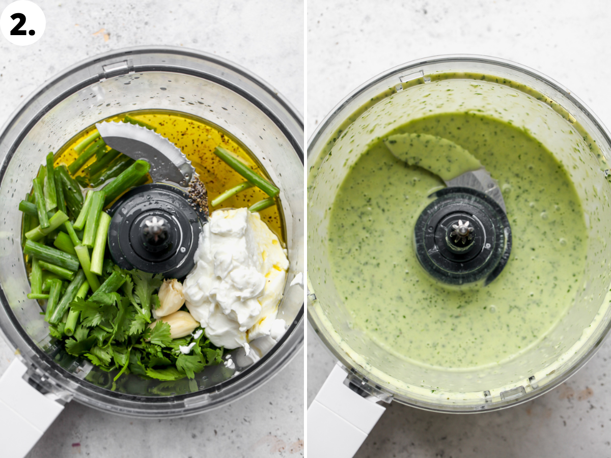 Cilantro sauce being blended until smooth in a food processor.